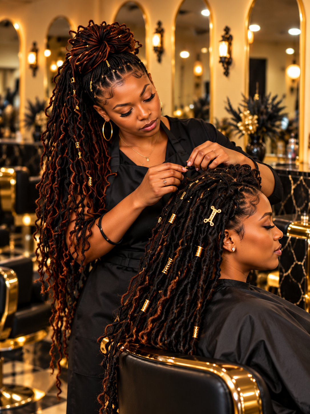 Illustrative scene of a stylist practicing loc techniques in the salon